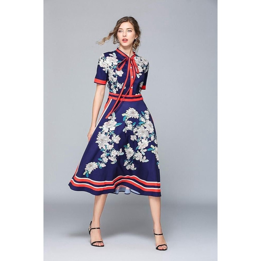 LAI MENG FIVE CATS Floral Midi Dress US 14 Navy Red Bow A-Line Border